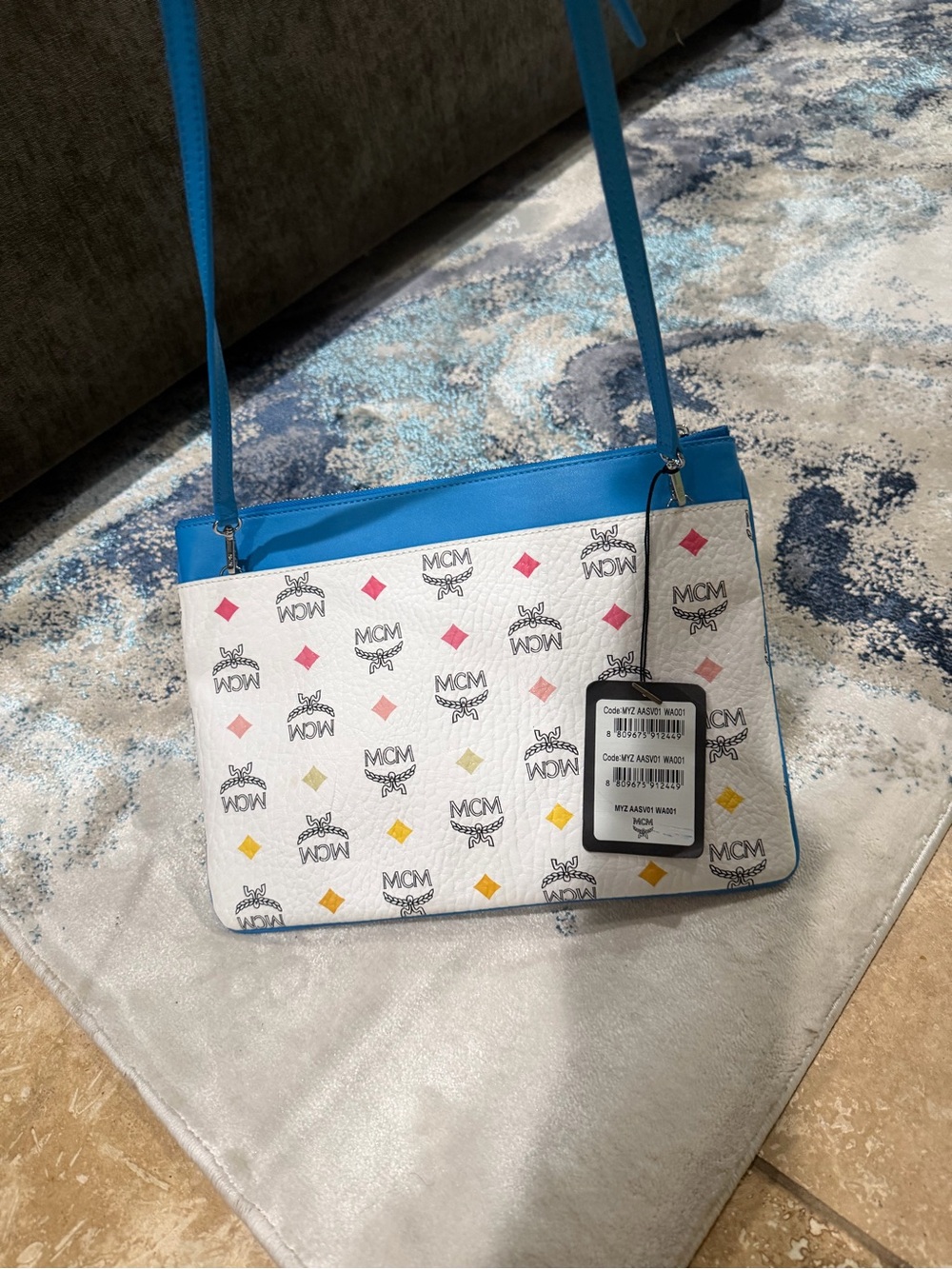 MCM White Multicolor Logo Shoulder Bag with Blue Trim